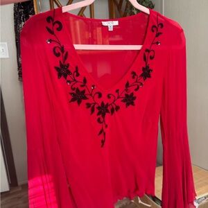 Cache Red Blouse with Black Floral Embroidery